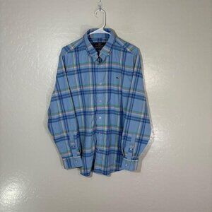 Vineyard Vines Shirt Mens Large Blue Plaid Whale Button Down Nylon Stretch
